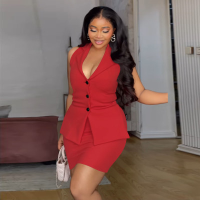 EVE Plus Size Sleeveless Lapel Two Piece Skirt Set NNWF-8086