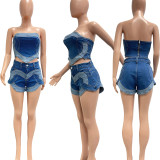 EVE Sexy Wrap Chest Top Denim Two Piece Short Set NYF-8191