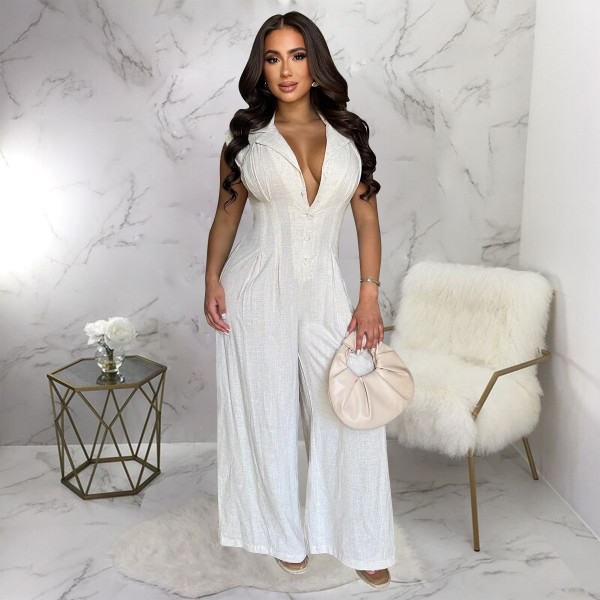 EVE Solid Color Sleeveless Lapel Wide leg Jumpsuit YF-20211