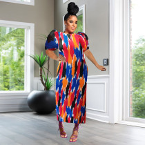 EVE Press Pleated Print Short Sleeve Maxi Dress YF-10783-2