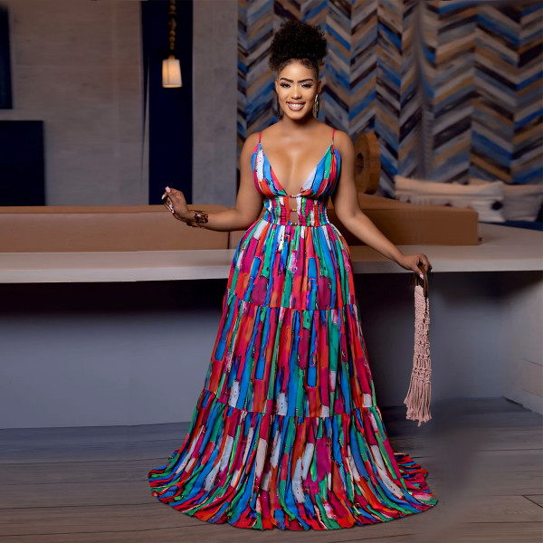 EVE Sexy Sling Backless Colorful Print Maxi Dress BY-7377