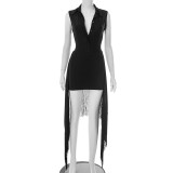 EVE Lapel Neck Sleeveless Solid Color Bodysuit Skirt Suit GDSF-D25ST152