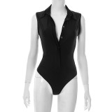 EVE Lapel Neck Sleeveless Solid Color Bodysuit Skirt Suit GDSF-D25ST152