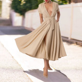 EVE Solid Color V Neck Split Maxi Dress YF-20099