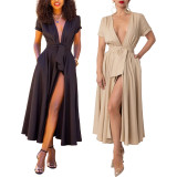 EVE Solid Color V Neck Split Maxi Dress YF-20099