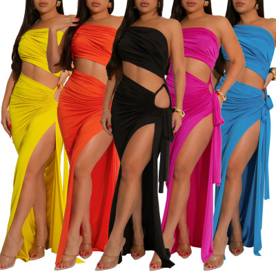 EVE Solid Color Slash Neck Backless Split Maxi Dress YF-20195