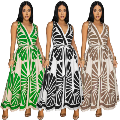EVE Sleeveless Deep V Neck Print Maxi Dress YF-20167