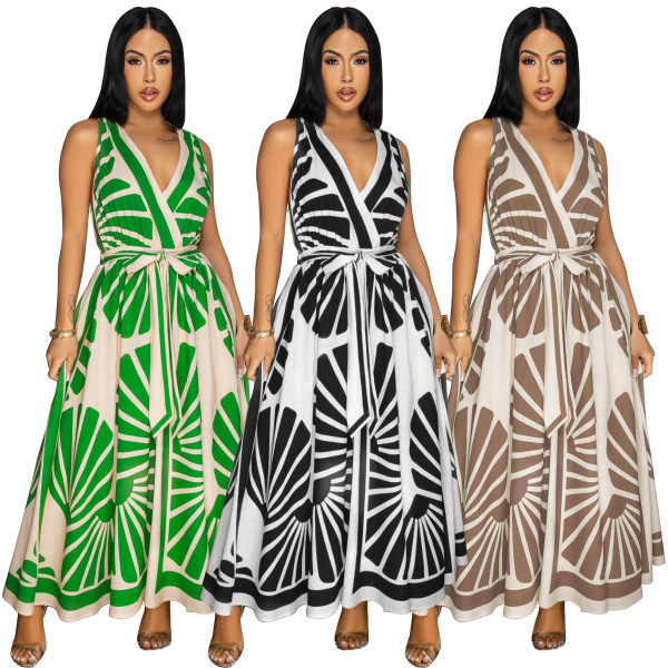 EVE Sleeveless Deep V Neck Print Maxi Dress YF-20167