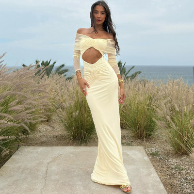 EVE Solid Color Long Sleeve Mesh Maxi Dress XEF-K25D71346