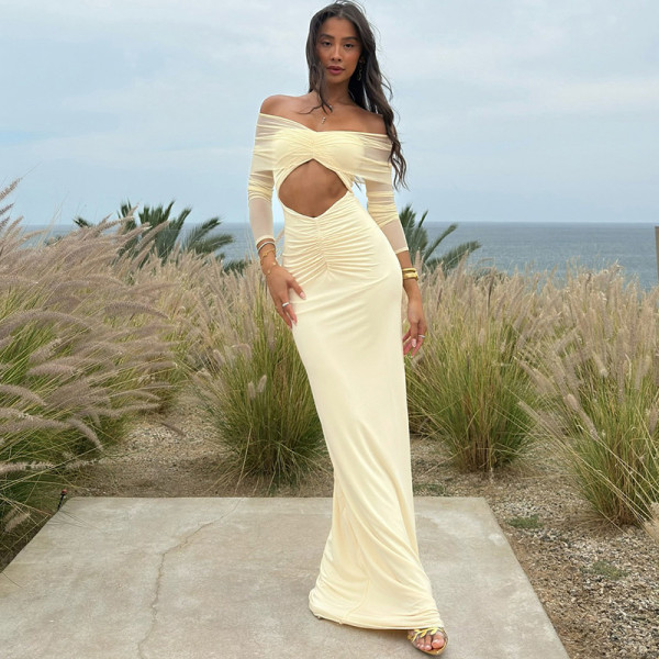 EVE Solid Color Long Sleeve Mesh Maxi Dress XEF-K25D71346