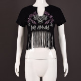 EVE Letter Print Short Sleeve Tassel T Shirts GFRT-7710TG