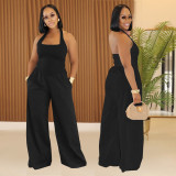 EVE Solid Color Halterneck Backless Loose Jumpsuit BY-7390