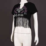 EVE Letter Print Short Sleeve Tassel T Shirts GFRT-7710TG