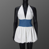 EVE Contrast Color Patchwork Halterneck Mini Dress GFRT-41863DBG