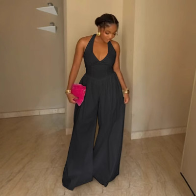 EVE Plus Size Halterneck V Neck Backless Wide Leg Jumpsuit NY-11075