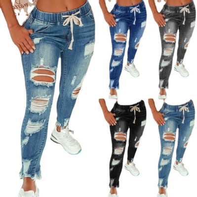 EVE Plus Size Fashion Holes Tie Up Slim Jeans XCFF-331