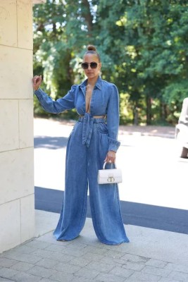 EVE Casual Tie Up Wide Leg Jeans Denim Suit GQLF-1314