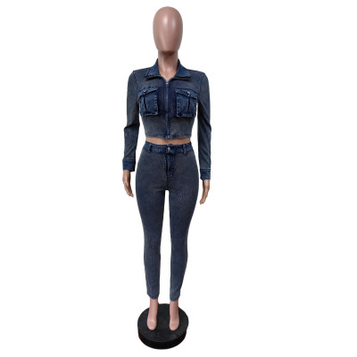 EVE Fashion Long Sleeve Patchwork Denim Pant Suit MEM-88648