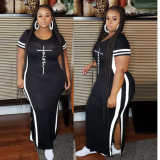 EVE Plus Size Letter Print Short Sleeve Two Piece Pants Set GSRX-5680