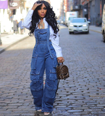 EVE Fashion Loose Multi-Pocket Denim Halter Jumpsuit GQLF-30056