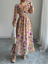 EVE Long Sleeve Print V Neck Maxi Dress GZEY-D2343153