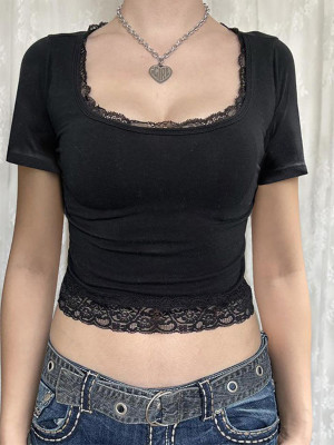 EVE Lace U Neck Solid Color T Shirts GZYU-K2512022