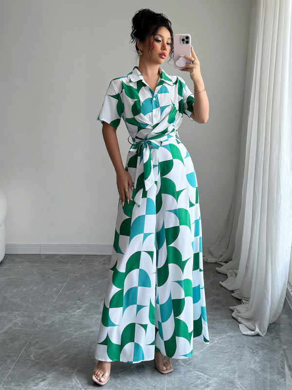 EVE Short Sleeve Lapel Print Wide Leg Jumspuit GZEY-ZK2426004