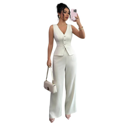EVE Solid Color V Neck Vest Loose Pants Suit LSD-2487
