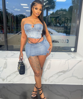 EVE Sexy Denim Wrap Chest Two Piece Skirts Set GAKF-50301