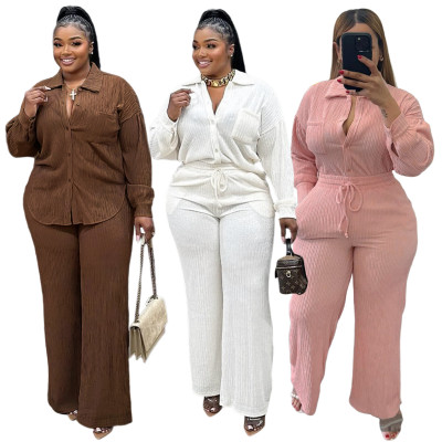 EVE Solid Color Long Sleeve Pleated Two Piece Pants Set ASL-6793
