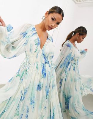 EVE Printed Chiffon Pleated Maxi  Dress GSNU-8042