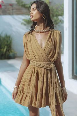 EVE Sexy Solid Color Drawstring Belt Mini Dress GSNU-8047