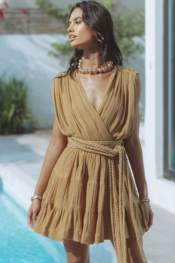 EVE Sexy Solid Color Drawstring Belt Mini Dress GSNU-8047