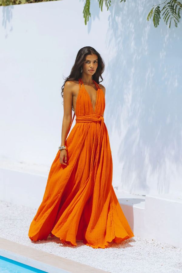 EVE Solid Color Backless Tie Up Maxi Dress GSNU-8046