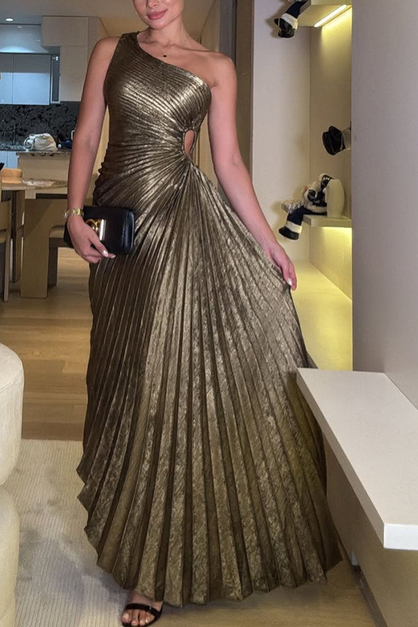 EVE Pleated Slash Shoulder Maxi Dress GSNU-8125