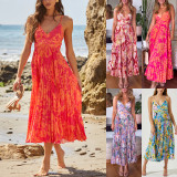 EVE Print Pleated V Neck Sling Maxi Dress GSNU-8087