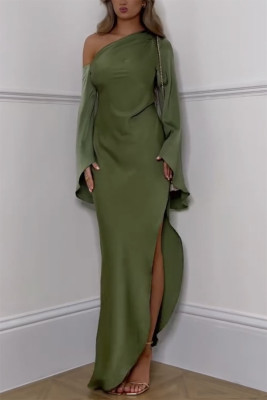 EVE Solid Color Slash Shoulded Split Maxi Dress GSNU-8089