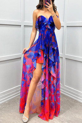 EVE Wrap Chest Print Mesh Split Maxi Dress GSNU-8065