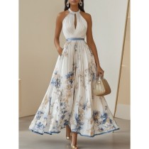 EVE Print V Neck Press Pleated Maxi Dress GSNU-0011