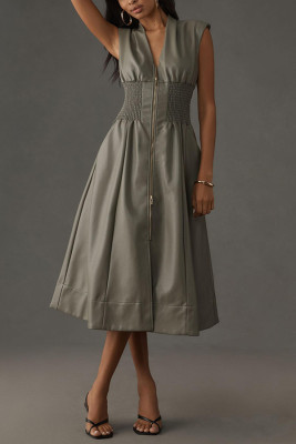 EVE Vintage Sleeveless Leather Zipper Long Dress GSNU-8115