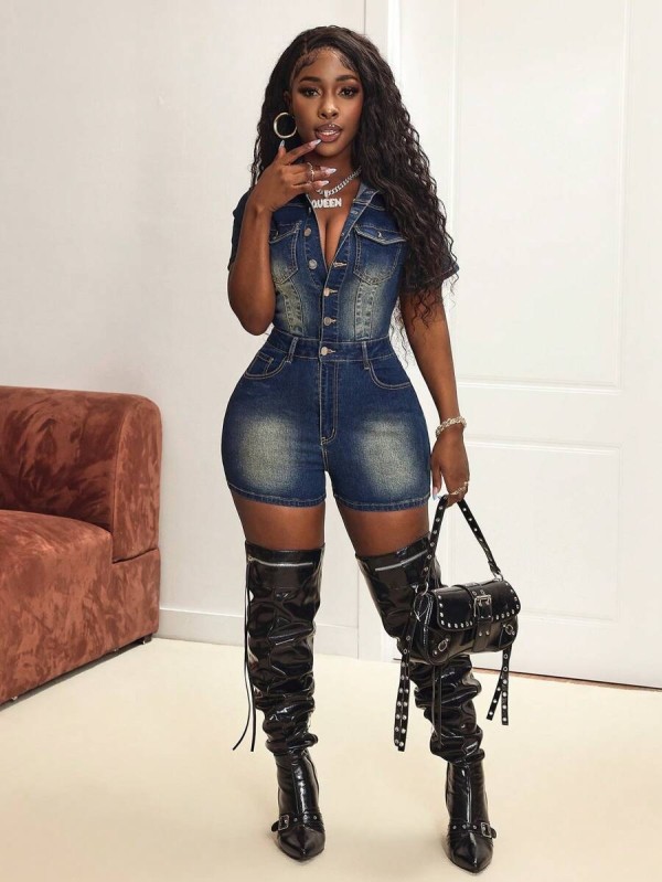 EVE Short Sleeve Lapel Denim Romper LX-6059