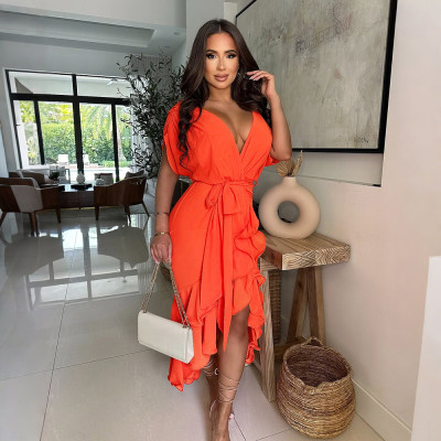 EVE Deep V Neck Irregular Tie Up Midi Dress CYA-901879