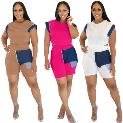 EVE Denim Patchwork Short Sleeve Shorts Suit SFY-2808