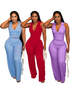 EVE Sleeveless Solid Color Two Piece Pants Suit SFY-2807