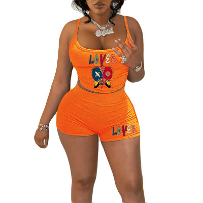 EVE Letter Print Sleeveless Tank Tops Short Suit GXJL-0216
