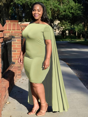 EVE Plus Size Solid Cape Patchwork One Shoulder Midi Dress NNWF-2311