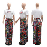 EVE O Neck Short Sleeve Tops Print Loose Pants Suit CYA-901748