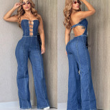 EVE Wrap Chest Backless Hollow Out Denim Jumpsuit LX-6997