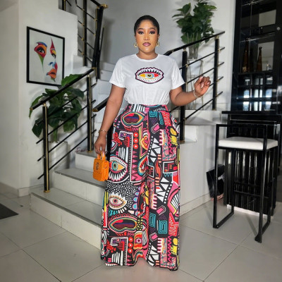 EVE O Neck Short Sleeve Tops Print Loose Pants Suit CYA-901748
