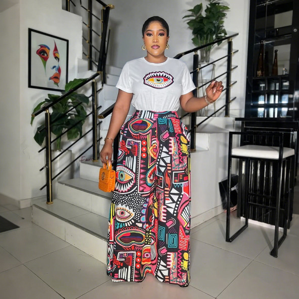 EVE O Neck Short Sleeve Tops Print Loose Pants Suit CYA-901748